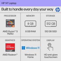 HP 14 inch Laptop, HD Touchscreen Display, AMD Ryzen 5 7520U, 8 GB RAM, 512 GB SSD, AMD Radeon Graphics, Windows 11 Home, Natural Silver, 14-em0499nr - Image 2