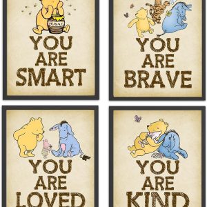 Winnie Wall Art Decor Set of 4 the Pooh Sign You Are Kind Brave Wall Art Posters for Room Nursery (8x10 Unframed)
