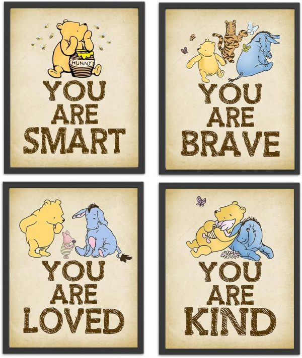 Winnie Wall Art Decor Set of 4 the Pooh Sign You Are Kind Brave Wall Art Posters for Room Nursery (8x10 Unframed)