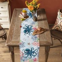 Underwater Sea Monster Octopus Coral Table Runner,Cotton Linen Table Runners 48 Inches Long,Ocean Marine Life Dresser Scarf Tablerunner for Kitchen Coffee/Dining/Sofa/End Tables TV Stand - Image 4