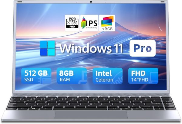 14" Laptop Computer, Windows 11 Laptop for MS Office, 8GB RAM 512GB SSD, Intel Pentium Quad-Core Processor(Up to 2.64GHz), 1080P FHD IPS, Wi-Fi 5, BT5.0, HDMI, Students, Lightweight