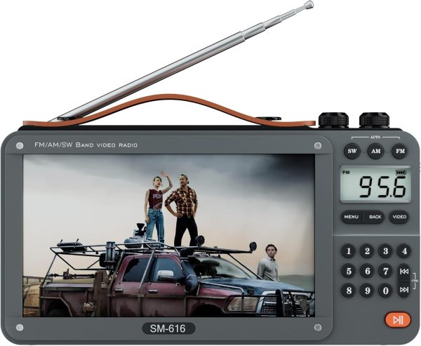 720P 7Inch Screen AM FM Movie Video Radio with Bluetooth Speaker, Rechargeable Digital Shortwave MP3 MP4 Player Radio, Support USB/Micro SD Card, Loud Speaker and Headphone Jack (NO TV)