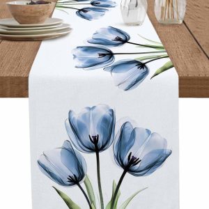 Table Runner Blue Tulip Abstract Flower White Background Table Runners Kitchen Dining Table Decoration for Home Farmhouse Party Decor 13"x72"