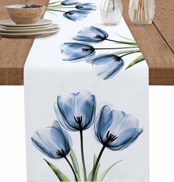 Table Runner Blue Tulip Abstract Flower White Background Table Runners Kitchen Dining Table Decoration for Home Farmhouse Party Decor 13"x72"
