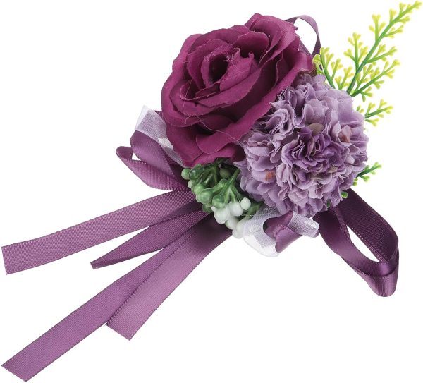 Wrist Corsage Artificial Flower Bracelets Pack of 1 Rose Wrist Bride Groom Decorative for Wedding Ceremony Prom Party Anniversary, 12x10cm Dark Purple