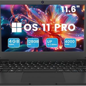 Azeyou 11.6” Laptop HD Display, Student Laptop Computer 4GB DDR4 RAM, 128GB SSD, OS 11 Pro Laptops, WiFi, BT4.2, USB3.0, Type_C 4000mAh Battery (Black)