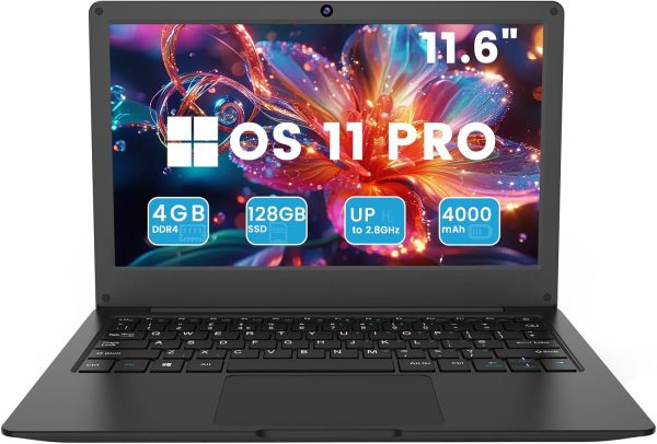 Azeyou 11.6” Laptop HD Display, Student Laptop Computer 4GB DDR4 RAM, 128GB SSD, OS 11 Pro Laptops, WiFi, BT4.2, USB3.0, Type_C 4000mAh Battery (Black)