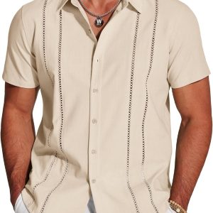 COOFANDY Men's Cuban Guayabera Shirt Short Sleeve Button Down Shirts Casual Summer Beach Linen Shirts
