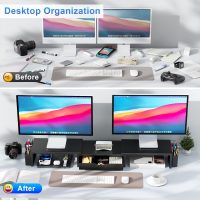 gianotter Dual Monitor Stand Riser, Desk Organizer With Drawer and 2 Pen Holders, Computer Monitor Stand, Desk Shelf for Top of Desk, Balck - Image 2