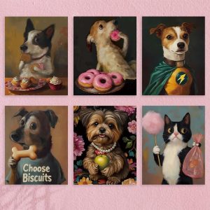 6 PCs Funny Animal Wall Art Prints Vintage Dog Decor Dog Lover Gifts Cat Wall Decor Poster Trendy Painting for Bathroom Bedroom Apartment Living Room Corridor Home Decorations