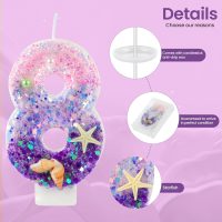Birthday Candles, Pink and Purple Number 8 Candles Decorated with Conchs Starfish and Pearls for Mermaid Theme Party Cake Topper Supplies (Number 8) - Image 3