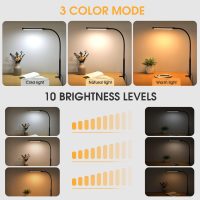 LED Desk Lamp with Clamp, Eye-Caring Clip on Lights for Home Office, 3 Modes 10 Brightness, Long Flexible Gooseneck, Metal, Swing Arm Architect Task Table Lamps with USB Adapter, Black - Image 2