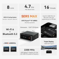 Beelink SER5 MAX Mini PC, AMD Ryzen 7 6800U (8C/16T, up to 4.7GHz), 32GB LPDDR5 1TB NVME SSD, Mini Desktop Computer Support 4K@60Hz/WiFi6/BT5.2/DP1.4/HDMI/Type-C/Gaming PC - Image 2