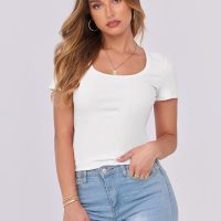 ANRABESS Women Short Sleeve Tops Scoop Neck Ribbed Knit Slim Fitted Basic Tee Shirts Casual Summer Clothes 2025 Fall Outfits - Image 2