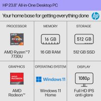 HP 24 inch All-in-One Desktop PC, FHD Display, AMD Ryzen 7 7730U, 16 GB RAM, 512 GB SSD, AMD Radeon Graphics, Windows 11 Home, 24-cr0032 (2024) - Image 2