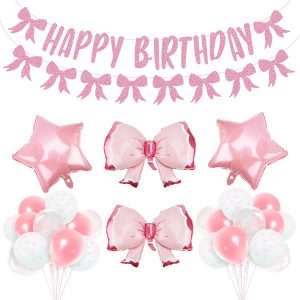 Aprince Pink Bow Birthday Decorations for Girls Women Bow Balloons Happy Birthday Banner Coquette Pink Bow Garland Backdrop 1st 2nd Girly Party Decor Supplies