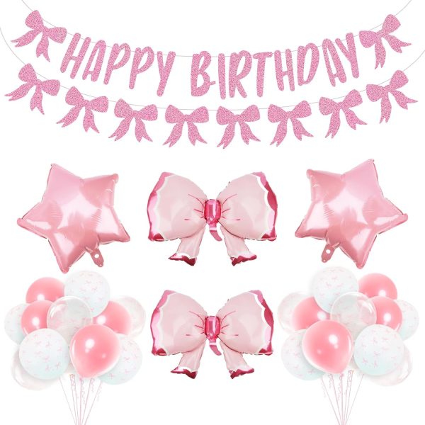 Aprince Pink Bow Birthday Decorations for Girls Women Bow Balloons Happy Birthday Banner Coquette Pink Bow Garland Backdrop 1st 2nd Girly Party Decor Supplies