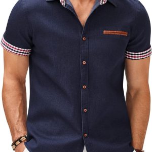 COOFANDY Men's Casual Cotton Short Sleeve Button Down Dress Shirt Plaid Collar Denim Work Shirts