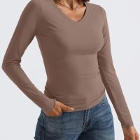 Trendy Queen Long Sleeve Shirts for Women 2025 Fall Fashion V Neck Basics Crop Tops Slim Fitted Y2K Tops Outfits Clothes - Image 5