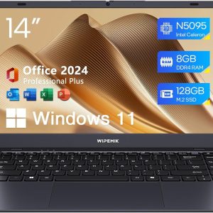 Laptop Computer, 8GB RAM, 128GB SSD, Quad-Core N5095 Processor Laptop, 14" HD Display Laptops, Support WiFi 5, Bluetooth 5.0, USB 3.0, Webcam, Pre-Installed Office Pro Plus 2024