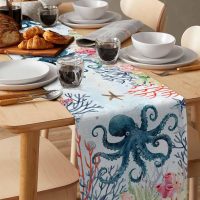 Underwater Sea Monster Octopus Coral Table Runner,Cotton Linen Table Runners 48 Inches Long,Ocean Marine Life Dresser Scarf Tablerunner for Kitchen Coffee/Dining/Sofa/End Tables TV Stand - Image 3