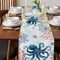 Underwater Sea Monster Octopus Coral Table Runner,Cotton Linen Table Runners 48 Inches Long,Ocean Marine Life Dresser Scarf Tablerunner for Kitchen Coffee/Dining/Sofa/End Tables TV Stand - Image 2