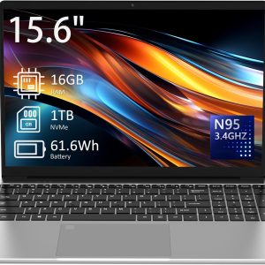 15.6" Laptop Computer, 16GB RAM, 1TB NVMe, 4C4T N95 1.7-3.4GHz, FHD Display, Backlit Keyboard, Fingerprint Reader, Big 8000mAh Battery, Win11 Pro, Upgradable to 10TB Storage, Silver, T152A