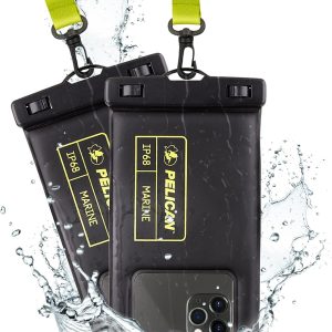 Pelican 2 Pack Marine - IP68 Waterproof Phone Pouch (Regular Size) Floating Waterproof Phone Case - Beach Cruise Ship Travel Essentials - Works w/All Phones - Detachable Lanyard - Black/Hi-Vis Yellow