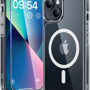 TAURI 3 in 1 Magnetic for iPhone 13 Case, [Compatible with MagSafe] [with 2X Screen Protectors] Not-Yellowing, Military-Grade Protection Slim Phone Case for 13 Cover, Clear, 6.1"