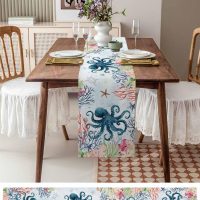 Underwater Sea Monster Octopus Coral Table Runner,Cotton Linen Table Runners 48 Inches Long,Ocean Marine Life Dresser Scarf Tablerunner for Kitchen Coffee/Dining/Sofa/End Tables TV Stand - Image 6
