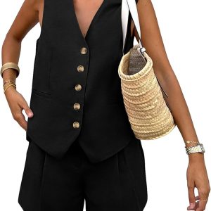 PRETTYGARDEN Women's Summer 2 Piece Outfits Sleeveless Matching Sets Button Down V Neck Vest Waistcoat and Pockets Shorts