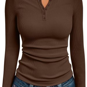 Trendy Queen Womens Long Sleeve Shirts 2025 Henley Casual Fall Outfits Fitted Cotton Tops Ribbed Fashion Cute Basic Tees