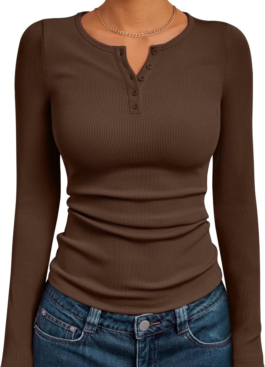 Trendy Queen Womens Long Sleeve Shirts 2025 Henley Casual Fall Outfits Fitted Cotton Tops Ribbed Fashion Cute Basic Tees
