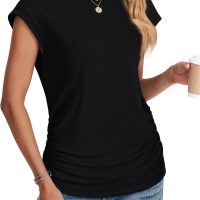 SAMPEEL Womens Summer Tops Trendy 2025 Ruched Cap Short Sleeve Tshirts Shirts Crew Neck T Shirts Fashion - Image 3