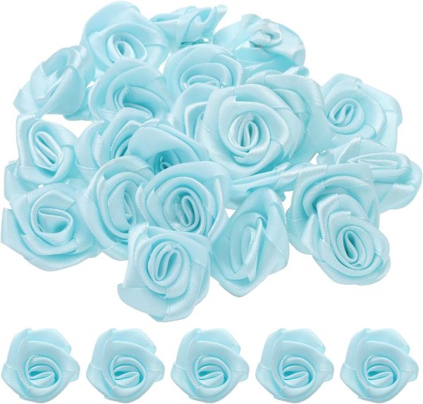 50pcs 3cm Ribbon Roses Satin Ribbon Flower Rose Artificial Fabric Flowers for DIY Crafting Accessories Sewing Wrapping Wedding Gift Decoration, Light Blue