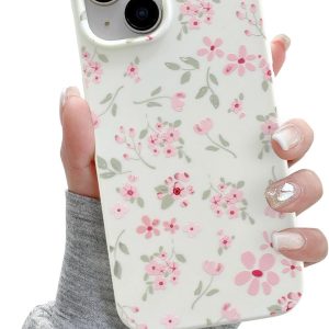 QLTYPRI for iPhone 13 Case, Cute Pink Floral Flower Pattern Aesthetic Phone Case, Raised Camera Protection Soft Slim TPU Shockproof Protective Phone Cover for Girls Women - Pink