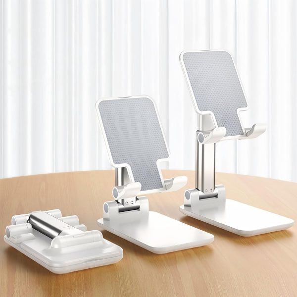Table Cell Phone Stand, Fully Forldable Desk Mobile Phone Holder Stand, Angle Height Adjustable Desktop Tablet Holder for iPhone15 14 13 12 11 Pro XS Max XR 8 7 6S Plus, S20+Note10, Tablets, White