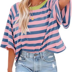 Dokotoo Tops for Women Striped 2025 Fashion T Shirts for Women Color Block Crewneck Design Loose Basic Tee