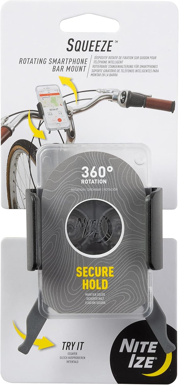 Nite Ize Squeeze Rotating Smartphone Bar Mount – Bike Mount Phone Holder for Handlebars – Phone Holster Accessories – Rotating Phone Holder with Easy-to-Squeeze Levers – Translucent