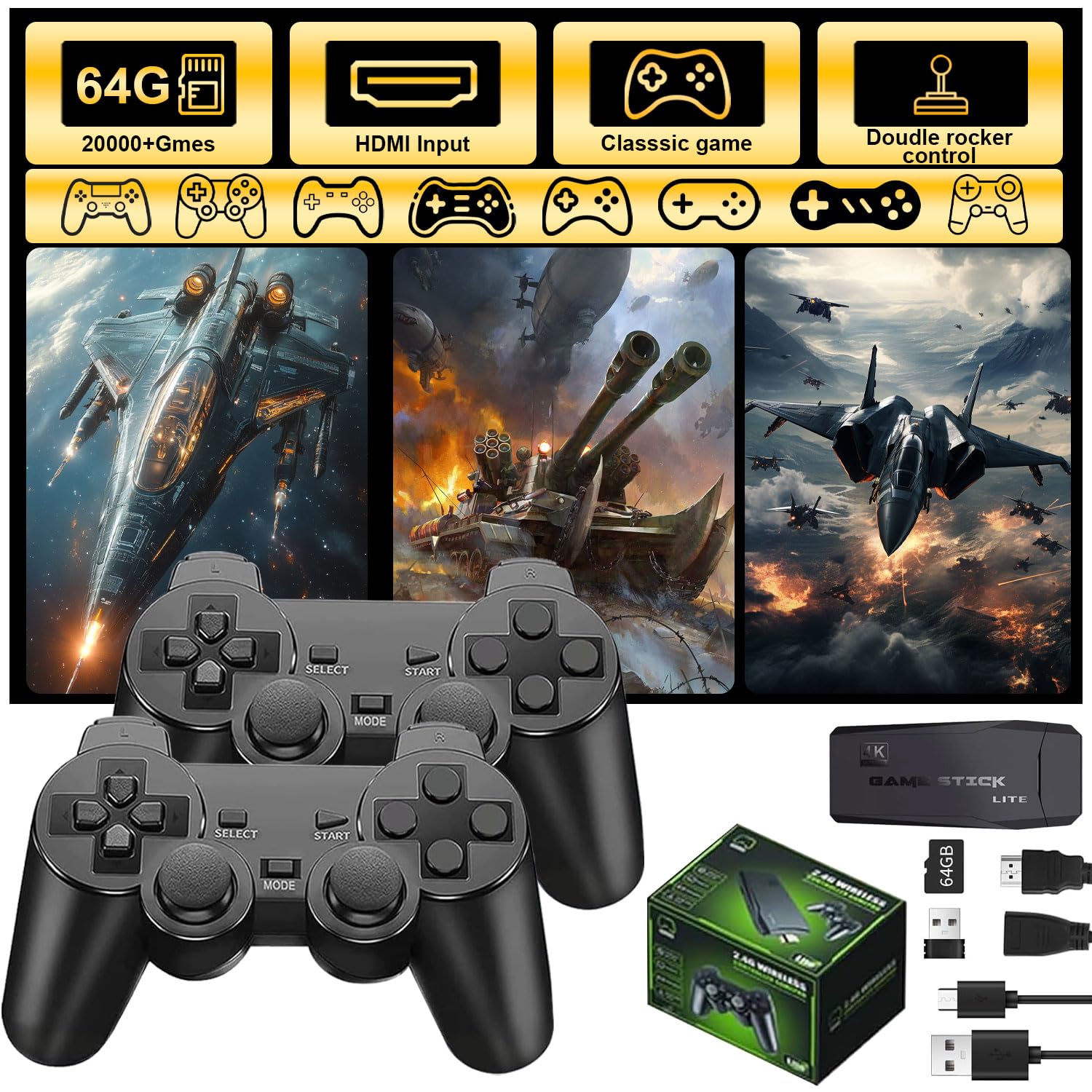 M8 Wireless Retro Game controller,Retro Game Console with 40000+Games and 23 Emulators, Dual 2.4G Wireless Controllers, Plug and play 4K HD HDMI TV Video Stick.