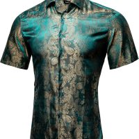 Men's Silk Shirt Paisley Floral Jacquard Short Sleeve Button Down Dress Shirts Formal Casual Wedding Party - Image 2