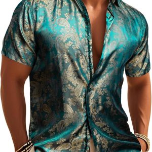 Men's Silk Shirt Paisley Floral Jacquard Short Sleeve Button Down Dress Shirts Formal Casual Wedding Party