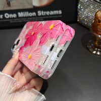 for iPhone 15 Plus Case Flowers Women Girly Aesthetic Sparkle Translucent Cute Floral With Phone Strap Charms Wristlet Oil Painting Shockproof Protective Phone Cases for iPhone 15 Plus Hot Pink - Image 6