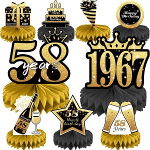 58th Birthday Decorations Set, 1967 Table Toppers for Women Men Birthday Party Supplies, Happy 58 Year Old Table Decoration for Mother and Dad, 9Pcs Black & Gold Honeycomb Centerpieces