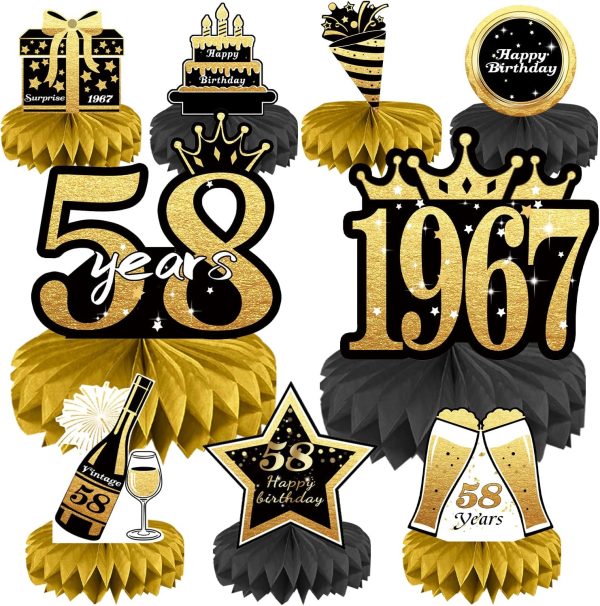 58th Birthday Decorations Set, 1967 Table Toppers for Women Men Birthday Party Supplies, Happy 58 Year Old Table Decoration for Mother and Dad, 9Pcs Black & Gold Honeycomb Centerpieces