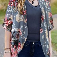 Women's Floral Print Puff Sleeve Kimono Cardigan Loose Cover Up Casual Blouse Tops - Image 3