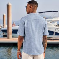 COOFANDY Men's Casual Henley Shirt Short Sleeve Band Collar Linen Shirt Summer Beach Hippie T-Shirts - Image 3