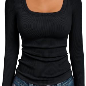 AUTOMET Womens Long Sleeve Shirts Square Neck Tops Ribbed Knit Basic Teen Girls Crop Tops Fall Outfits Fashion Clothes 2025