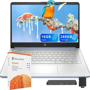 HP Stream 14" HD Laptop, Intel Processor N150, 16GB RAM, 288GB Storage(128GB UFS+160GB Docking Station Set), Intel Graphics, Webcam, Wi-Fi 6, 1 Year Office 365, Copilot, Fast Charge, Win 11, Blue