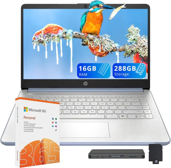 HP Stream 14" HD Laptop, Intel Processor N150, 16GB RAM, 288GB Storage(128GB UFS+160GB Docking Station Set), Intel Graphics, Webcam, Wi-Fi 6, 1 Year Office 365, Copilot, Fast Charge, Win 11, Blue